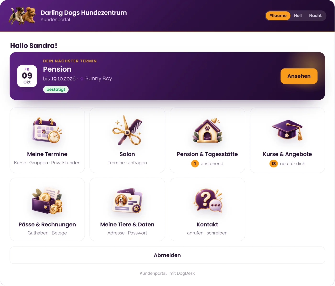 Startseite des DogDesk-Kundenportals mit nächstem Termin und Kacheln